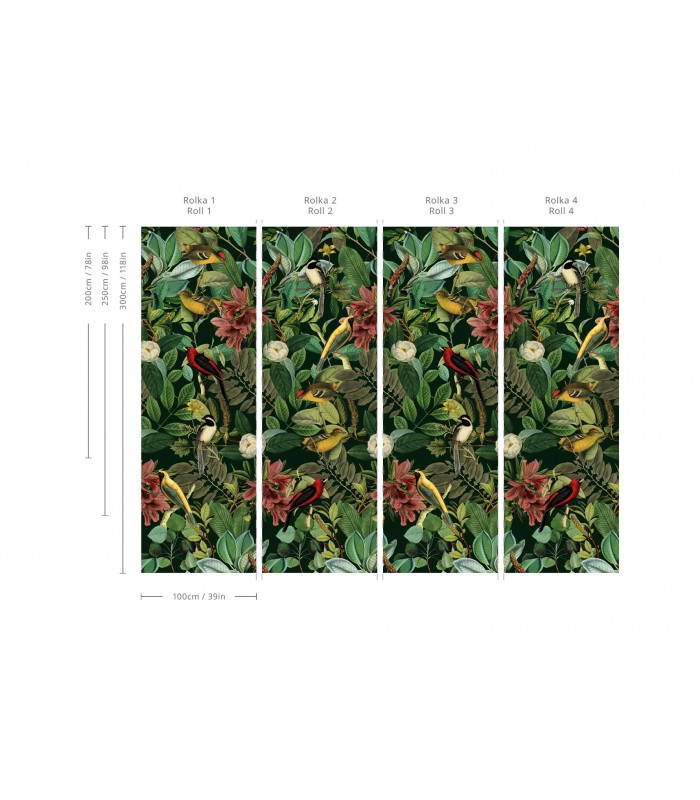 Tapeta Dark Colors Wallcolors – egzotyczny roślinny wzór z ptakami na ciemnym tle