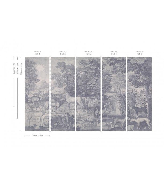 Podział tapety Fauna Fresco Blue na bryty – schemat montażu