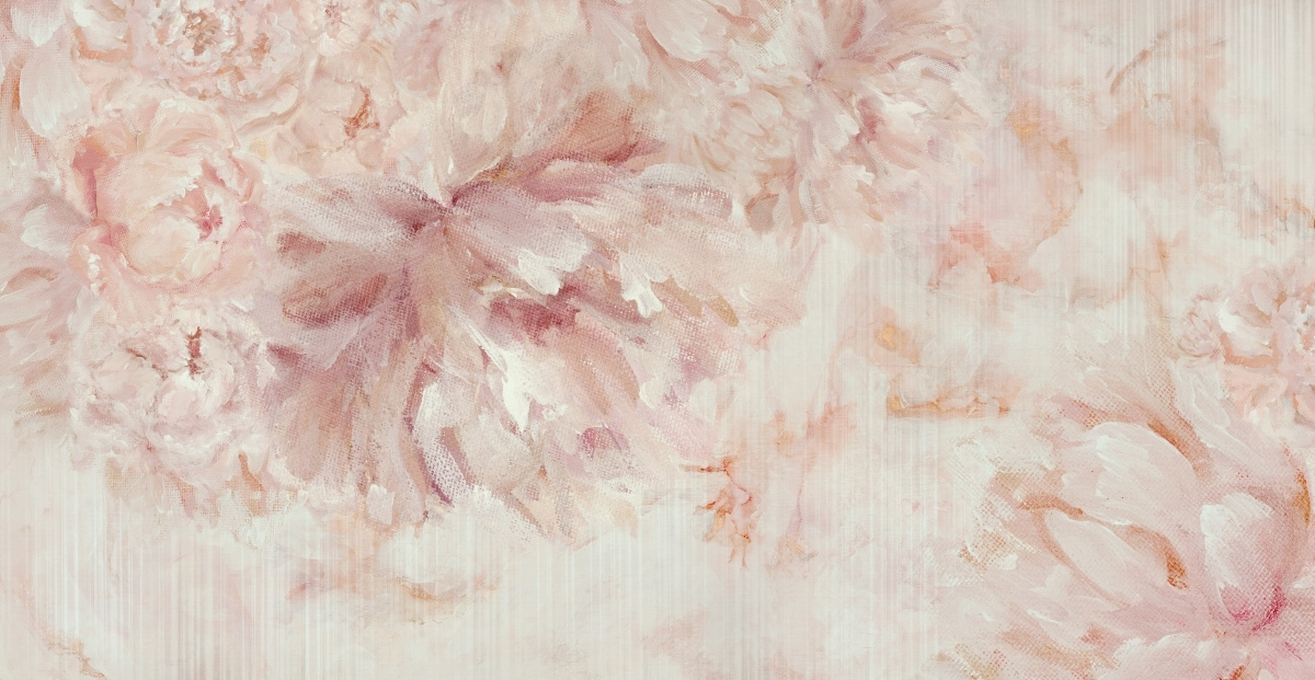 Panoramiczna tapeta artystyczna Prosecco – różowe kwiaty na białym tle do sypialni i salonu