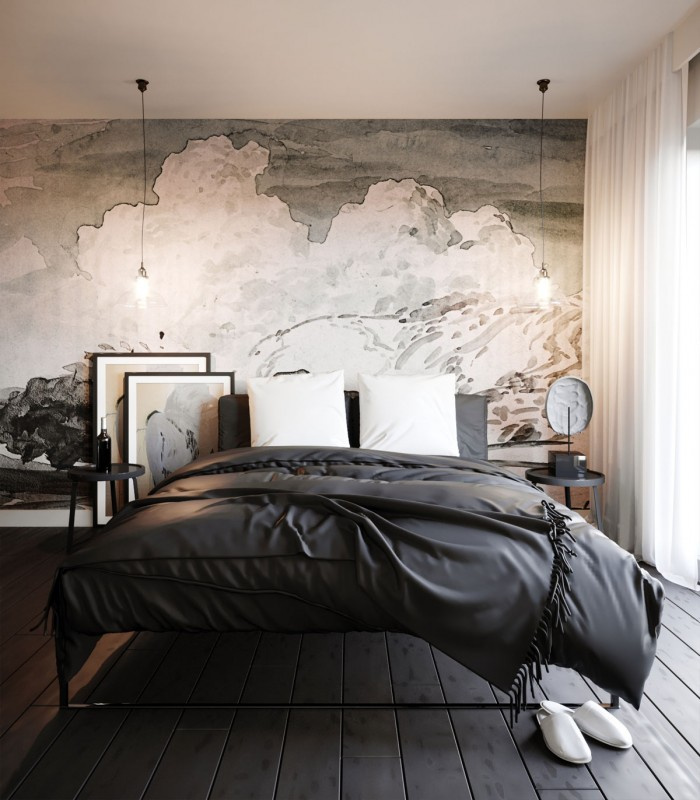 Tapeta Cloudy za łóżkiem w nowoczesnej sypialni