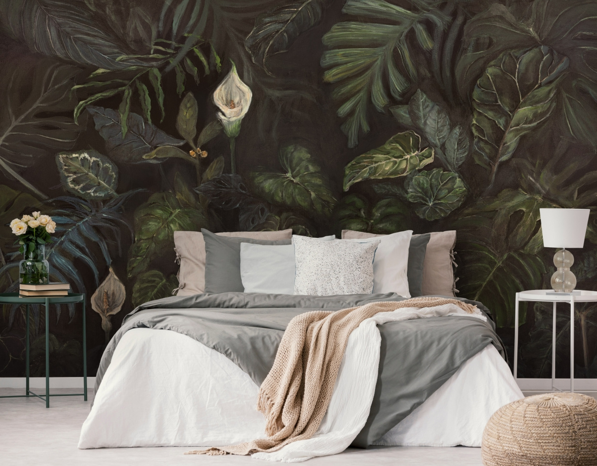 Tapeta na wymiar WallArt do sypialni – ciemna artystyczna kompozycja roślinna Calla