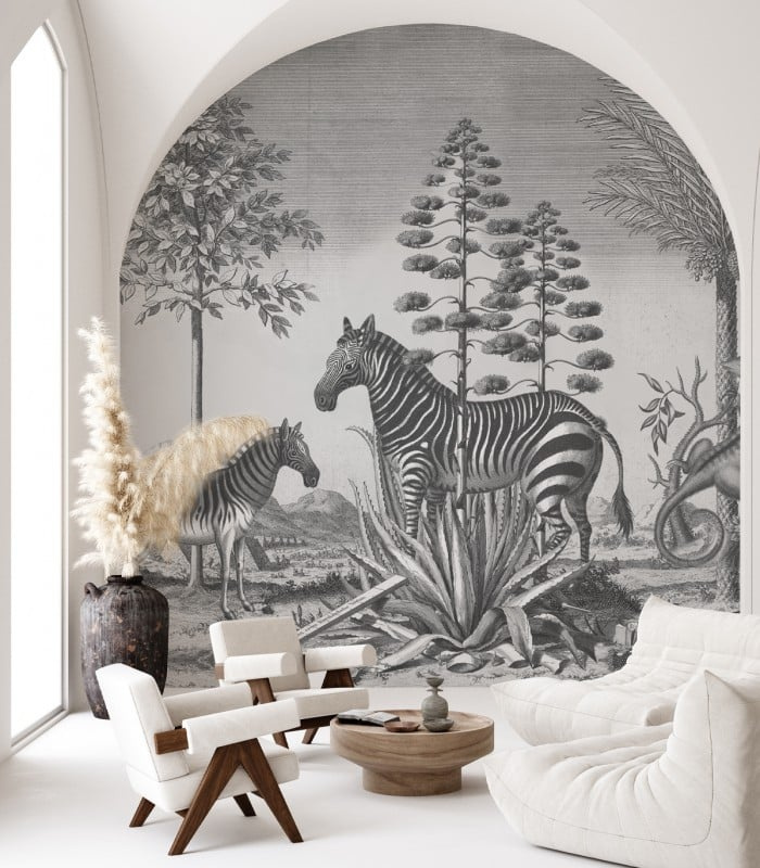 Tapeta Zebra on Agave Wallcolors – mural z zebrą w jasnym salonie