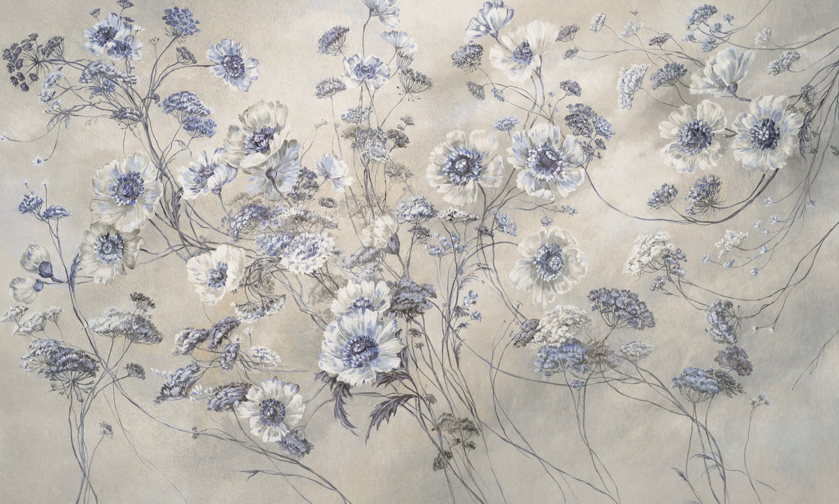 mural na wymiar RAUV Tapeta w polne kwiaty niebieskie z niebieskimi kwiatami na beżowym tle
