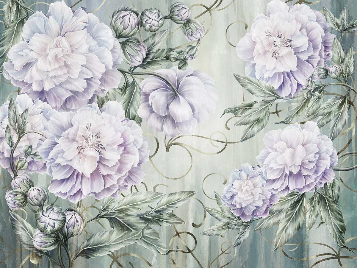 Tapeta kwiaty Alaven WallCraft 725322301 – malarskie kwiaty w odcieniach fioletu i zieleni