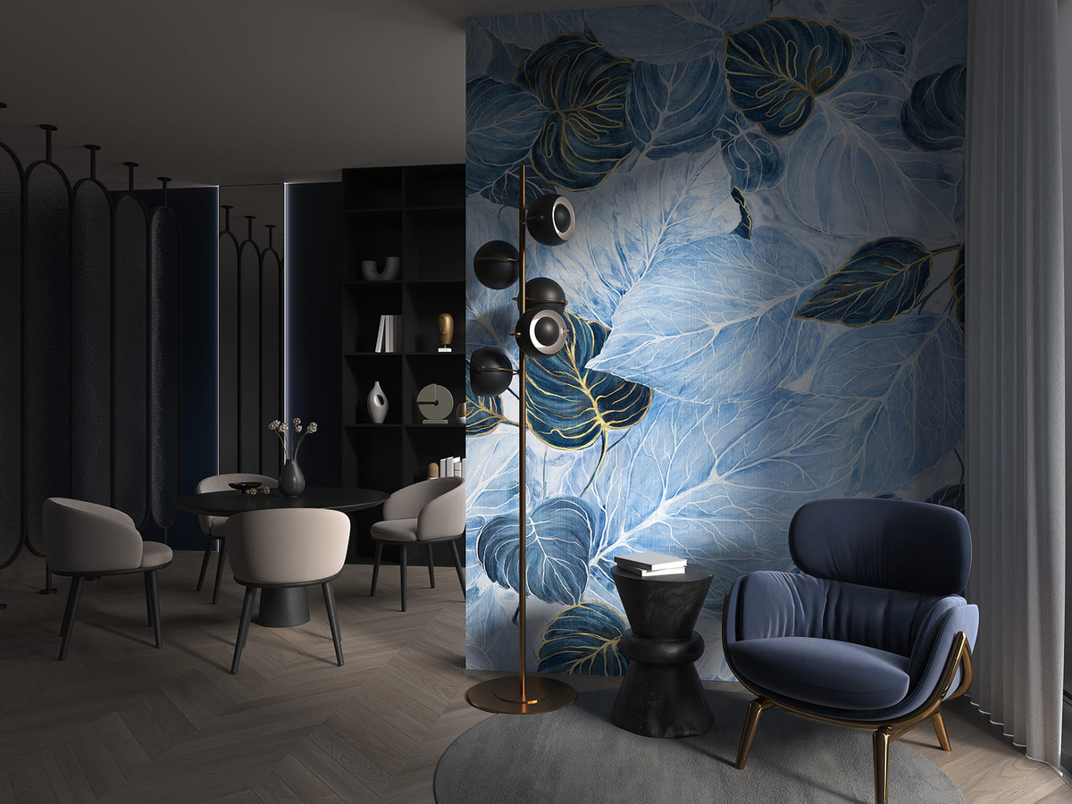 Tapeta liście WallCraft Blaves 770312301 w aranżacji salonu