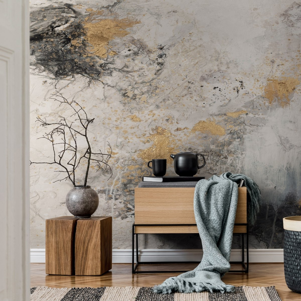 tapeta na wymiar WallArt do salonu – motyw abstrakcyjny Fog ze złotymi akcentami