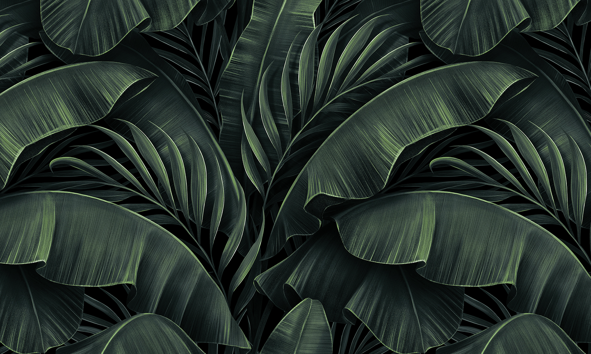 mural na wymiar RAUV w egzotyczne liście palmy zielone z różnymi strukturami podkładów
