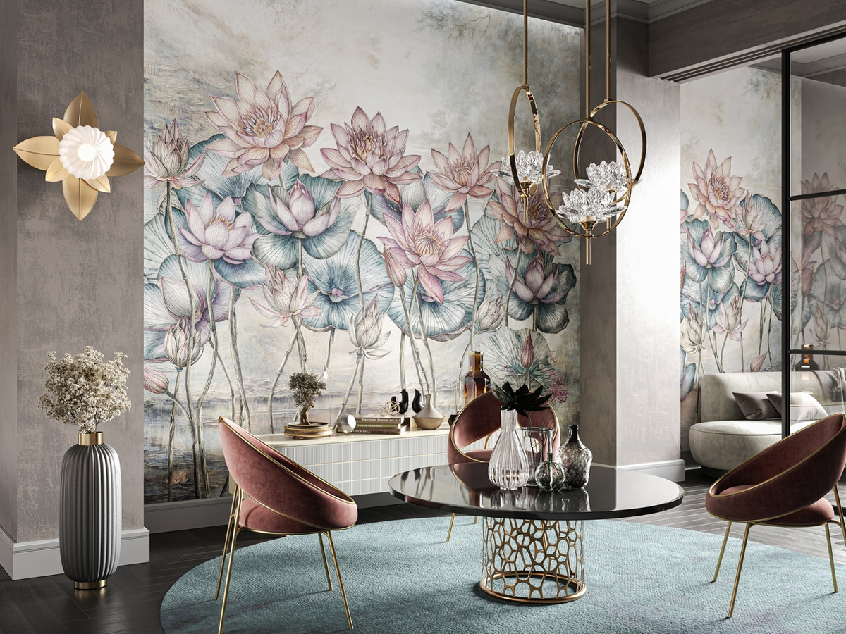 Tapeta Lotos WallCraft 860312401 w aranżacji salonu