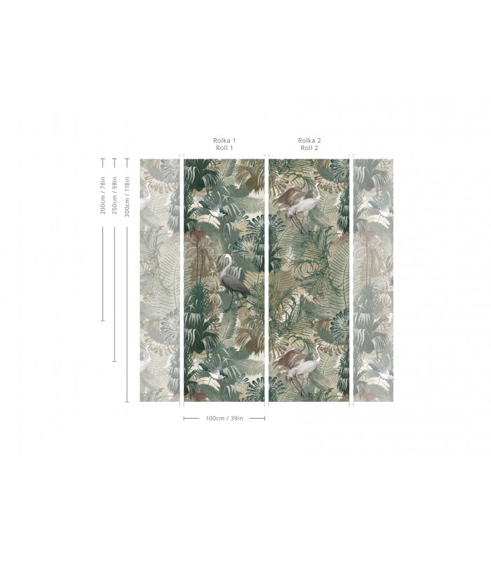 Schemat wymiarów i ułożenia pasów tapety Desert Tropics Light Green