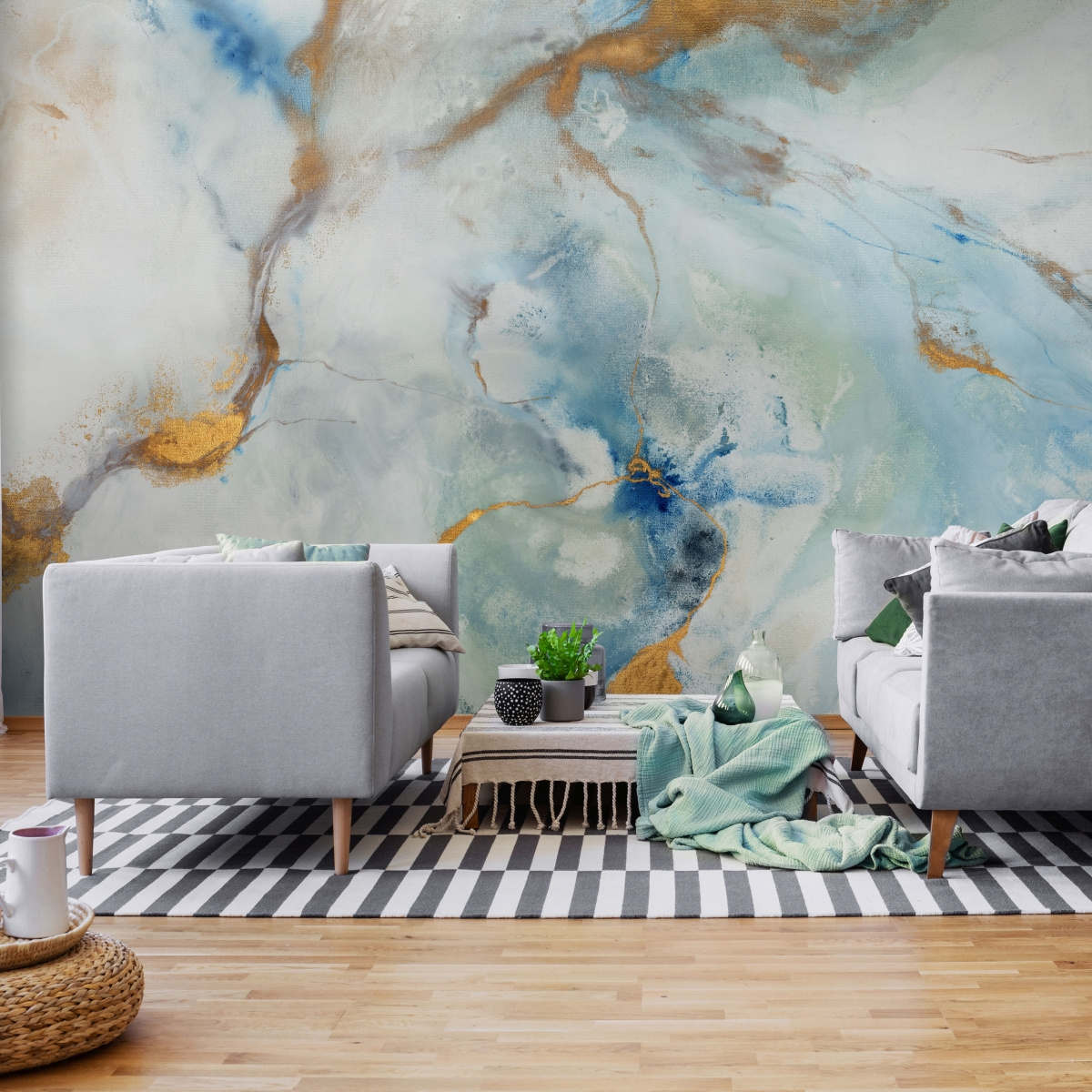 tapeta artystyczna panoramiczna do salonu w odcieniach niebieskiego i złota