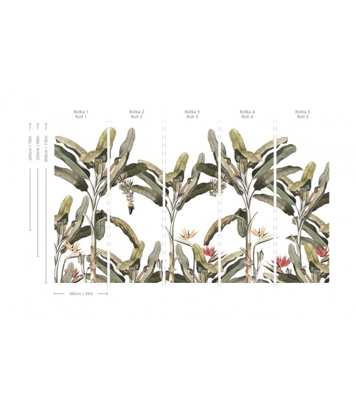 Tapeta Palm Forest Wallcolors – podział na pasy i przykład aranżacji na ścianie