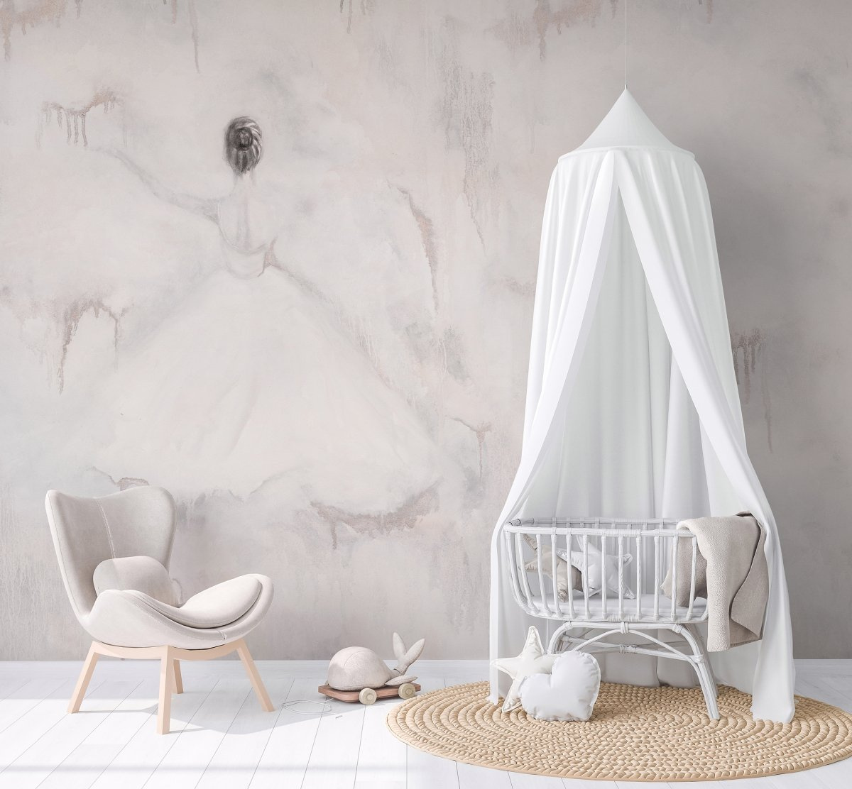 tapeta na wymiar WallArt do salonu – motyw abstrakcyjnej baletnicy w jasnych barwach