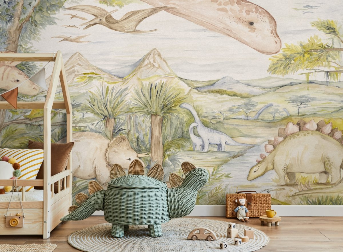 Dino Story – tapeta na wymiar WallArt do pokoju dziecięcego z motywem dinozaurów