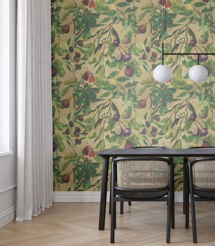 Tapeta Fig Wallcolors w jadalni – roślinny motyw fig i oliwek na beżowym tle