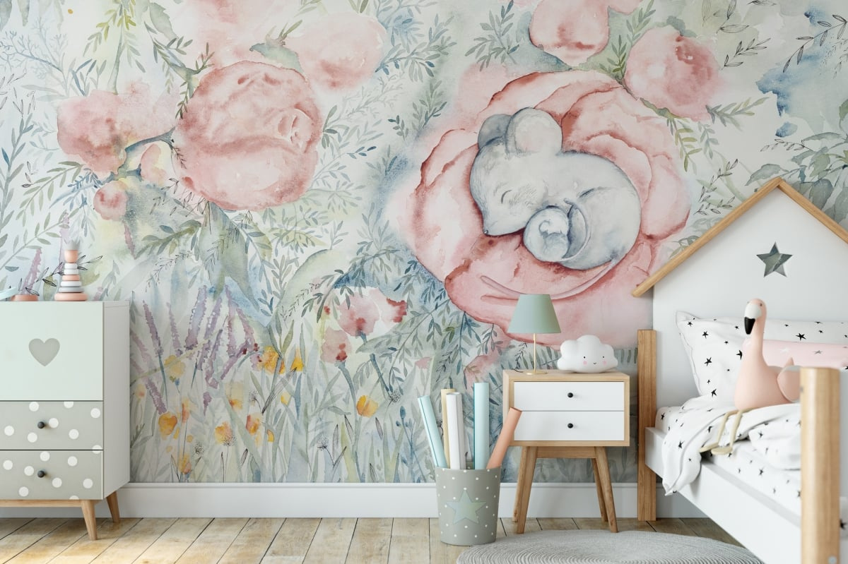 Little Nap - tapeta na wymiar WallArt do pokoju dziecięcego z akwarelowymi kwiatami i śpiącą myszką