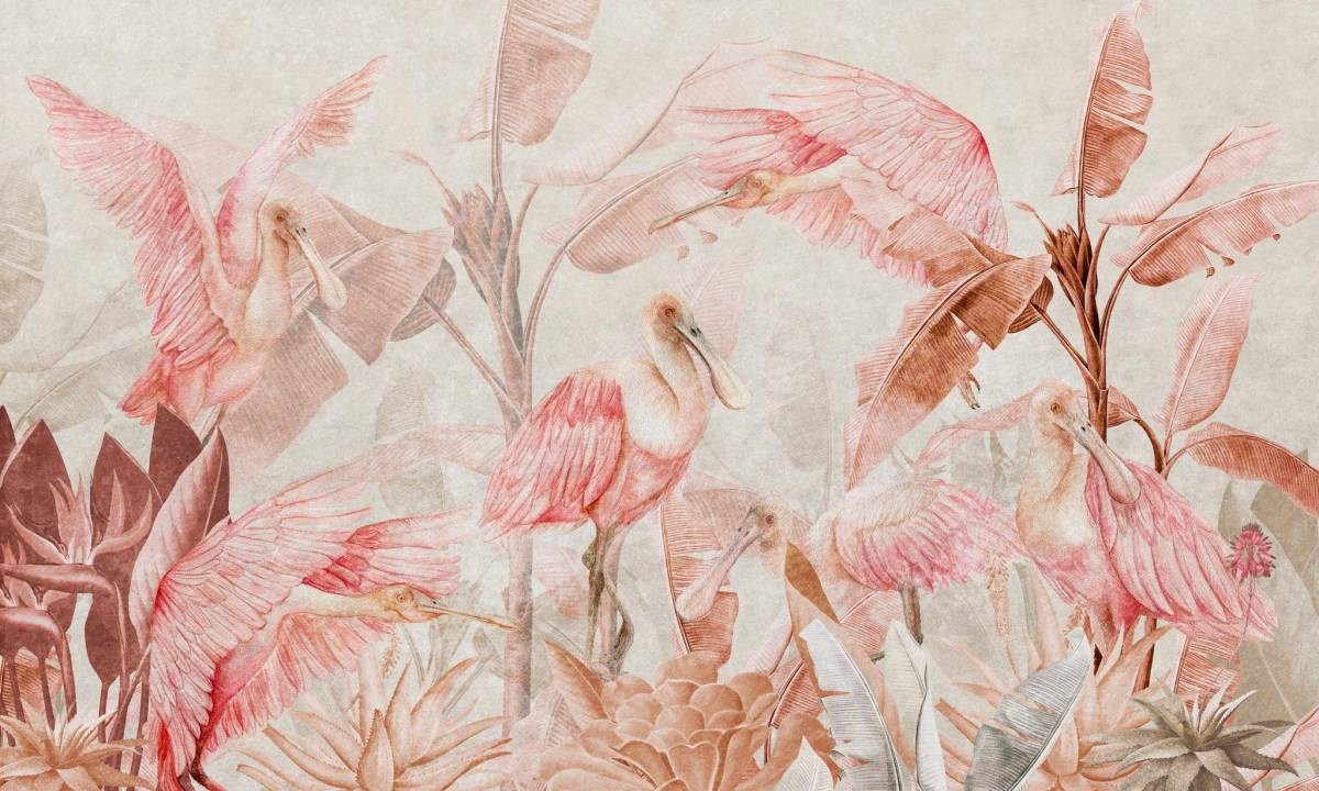 tapeta artystyczna panoramiczna do sypialni – motyw ptaków i roślin Rainforest Ajaja Rosso