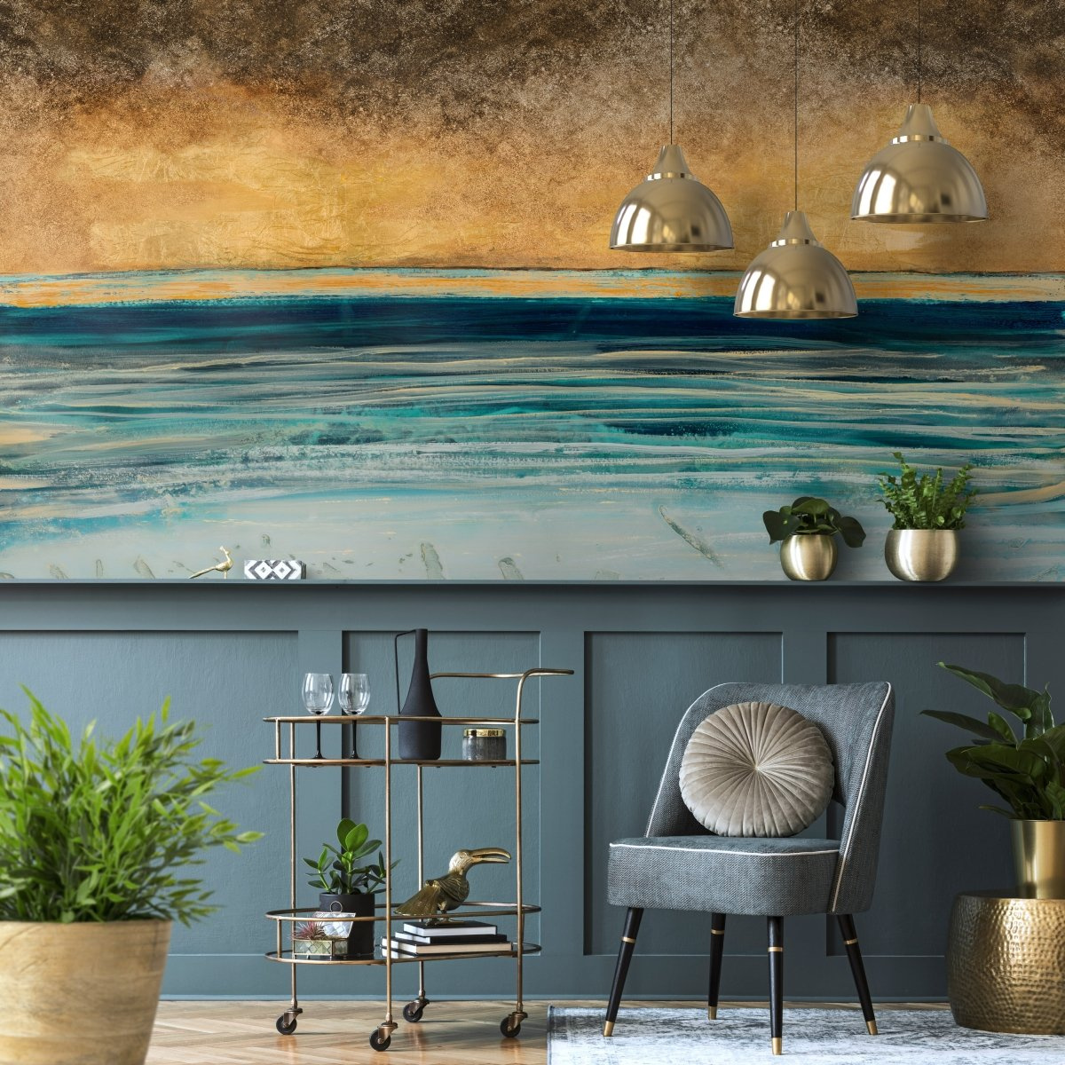 tapeta na wymiar WallArt do salonu – motyw abstrakcyjny Pecan w odcieniach niebieskiego i złamanej żółci