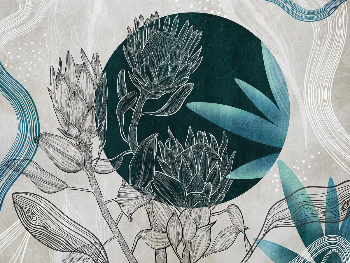 Tapeta na wymiar Protea WallCraft 810322301 z graficznym motywem kwiatu w okręgu