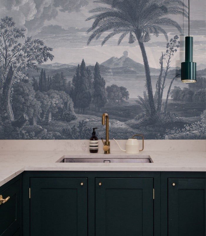 Tapeta Tropical Volcano Vista blue Wallcolors w aranżacji kuchni
