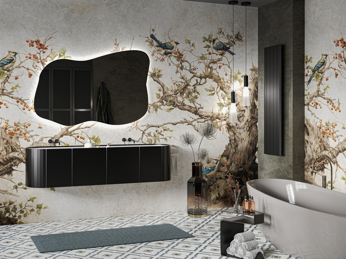 Tapeta gałęzie ostrokrzewu i kolorowe ptaki Sharm WallCraft 890312401 w aranżacji łazienki