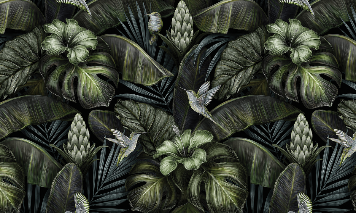 tapeta na wymiar RAUV Tapeta botaniczna rośliny i kolibry 1 do salonu w ciemnych odcieniach zieleni