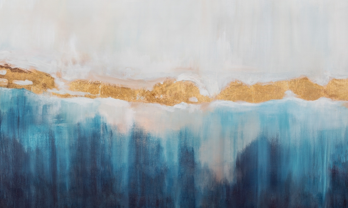 tapeta artystyczna panoramiczna do sypialni – fototapeta Junona w niebiesko-złotej kolorystyce