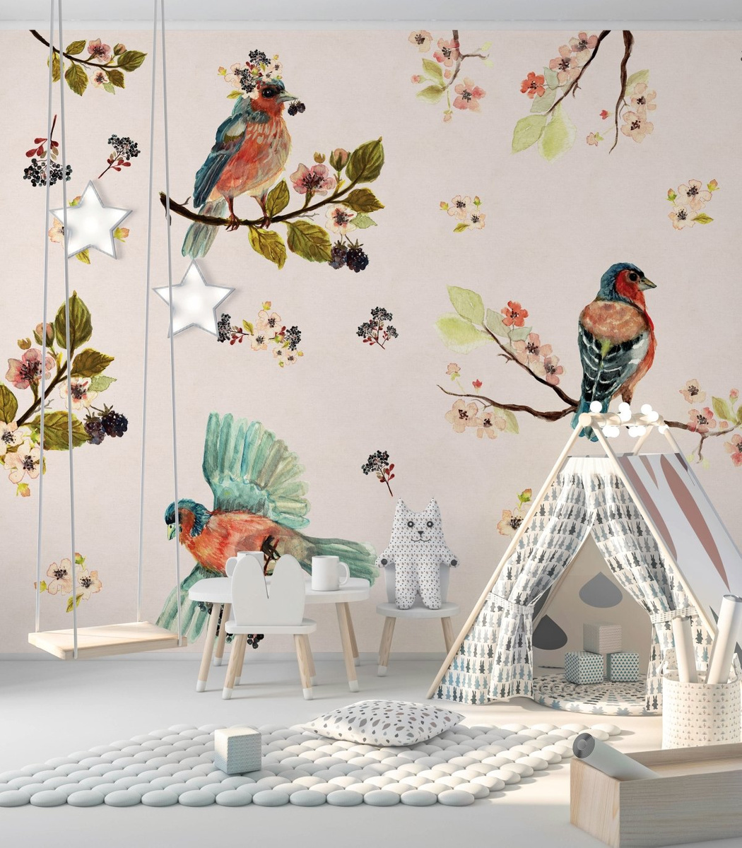 tapeta na wymiar WallArt do salonu i pokoju dziecka z motywem akwarelowych ptaków na gałązkach