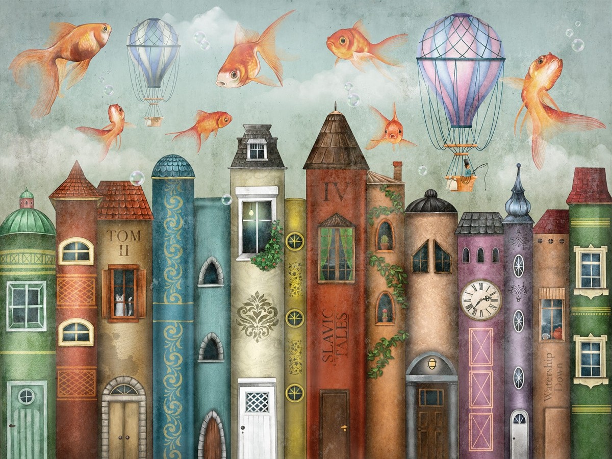 Fototapeta JOYA 685 31 2202 WALLCRAFT – widok wzoru z latającymi rybami i domkami