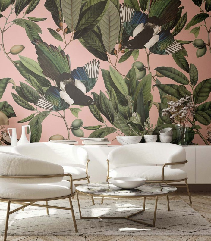 Tapeta Magpie Pink w eleganckim jasnym salonie