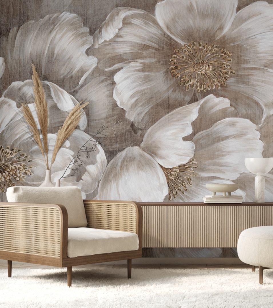 tapeta na wymiar RAUV beżowa w duże kwiaty do salonu na podkładzie canvas