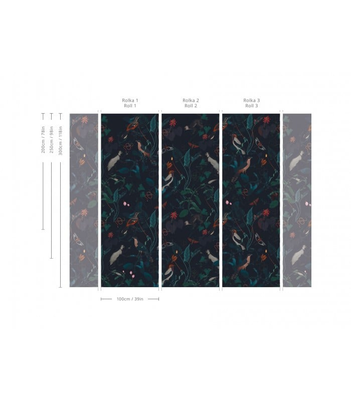 Fragment wzoru tapety Teal Blue Garden - podział na rolki