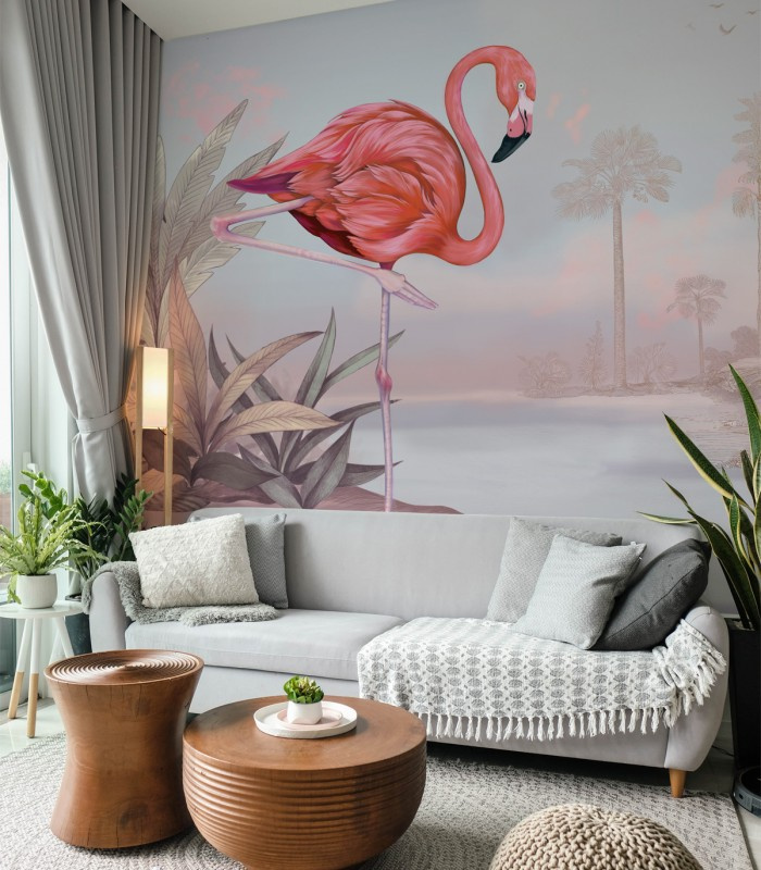 Tapeta Crimson Flamingo Pink marki Wallcolors w salonie z sofą