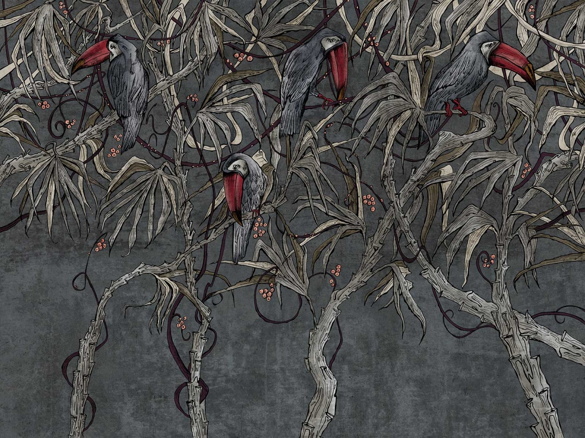 Fototapeta TROPICAL 460 32 2102 WALLCRAFT – tropikalna tapeta na wymiar z ptakami na ciemnym tle