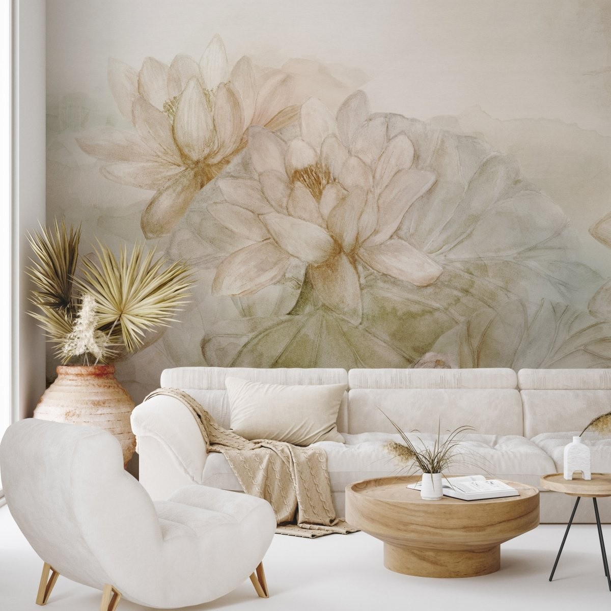 tapeta na wymiar WallArt do salonu – fototapeta beżowa z dużymi kwiatami Fall