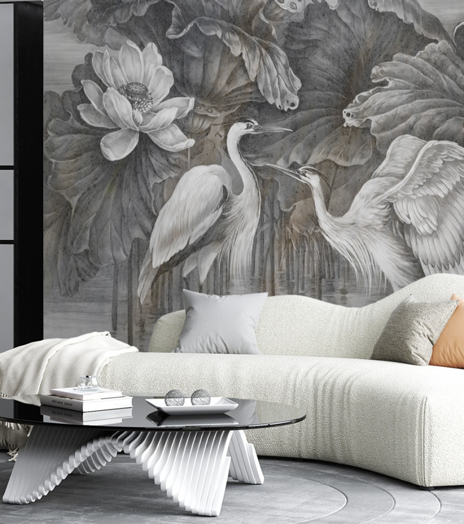 tapeta na wymiar RAUV Tapeta w czaple i kwiat lotosu do salonu na podkładzie strukturalnym