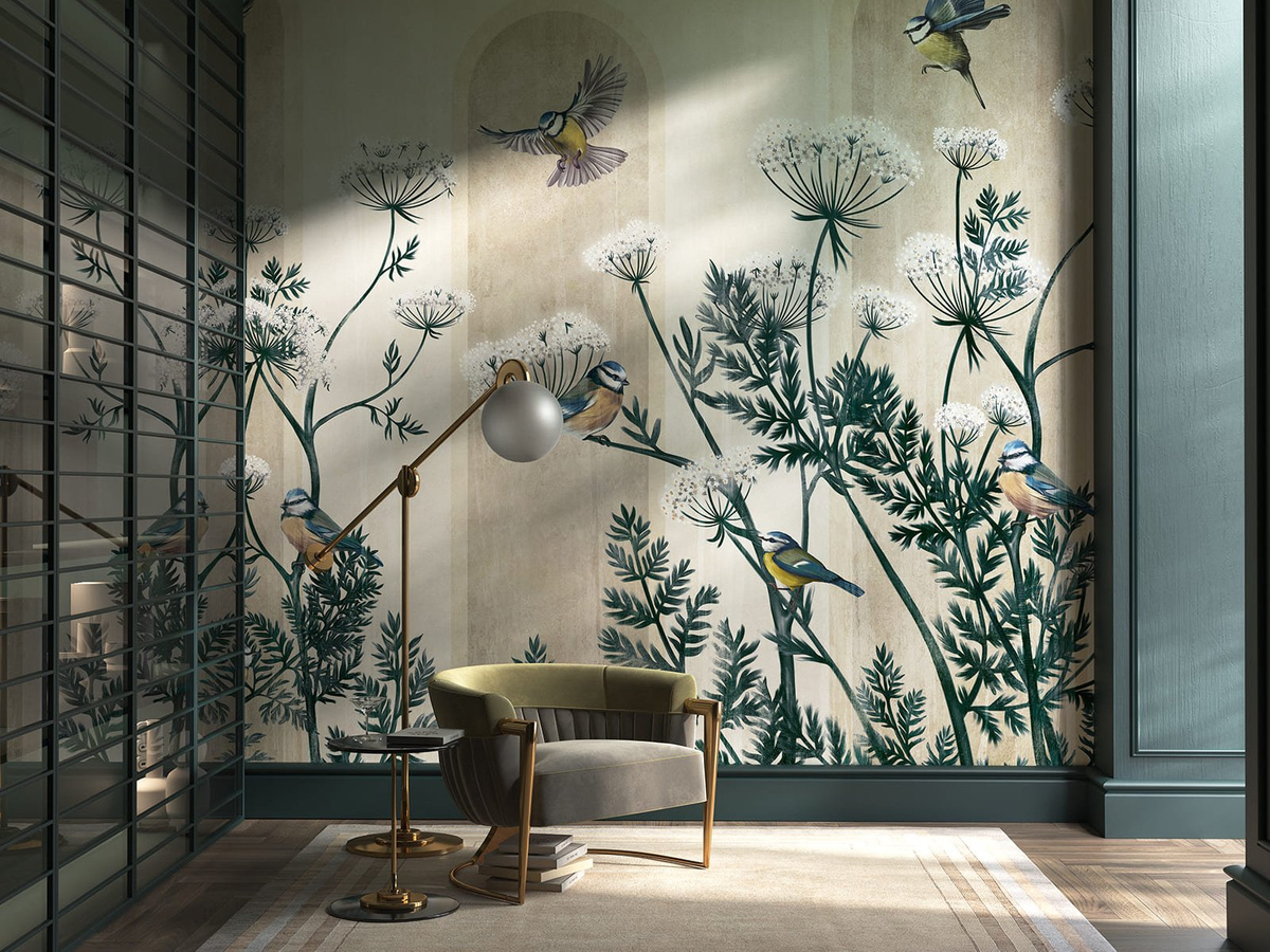 Tapeta ptaki na kwiatach Kerebi WallCraft 775322301 na ścianie w salonie