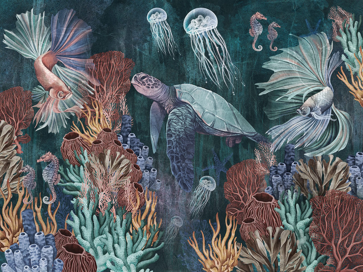 Tapeta na wymiar życie w oceanie Coral WallCraft 750322301 – podwodna scena z rafą koralową i żółwiem morskim