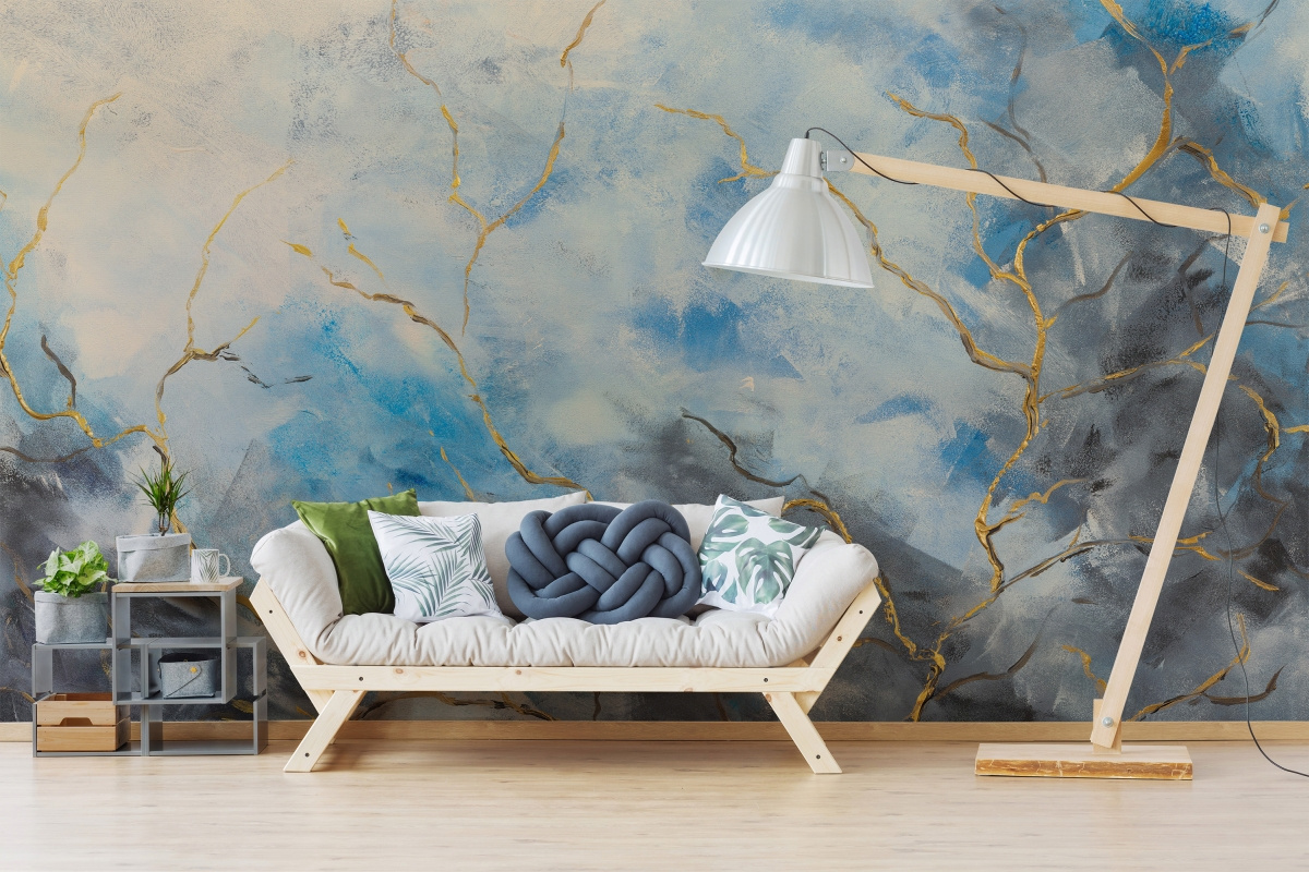 Tapeta na wymiar WallArt do salonu – abstrakcyjny motyw Aqua w odcieniach niebieskiego i złota