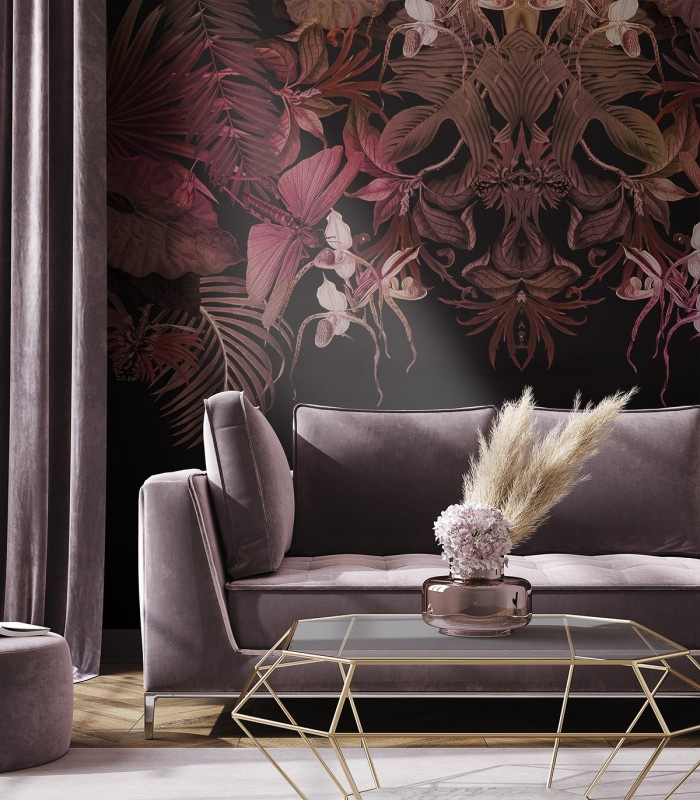 Tapeta Tropical Composition Pink marki Wallcolors za sofą w salonie w stylu modern glamour