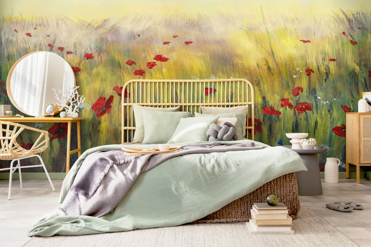 Poppy – tapeta na wymiar WallArt do sypialni z malarskim motywem maków na żółtej łące