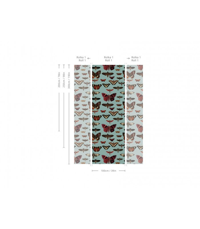 Tapeta Butterflies Turquoise Wallcolors – przykład ułożenia wzoru na ścianie