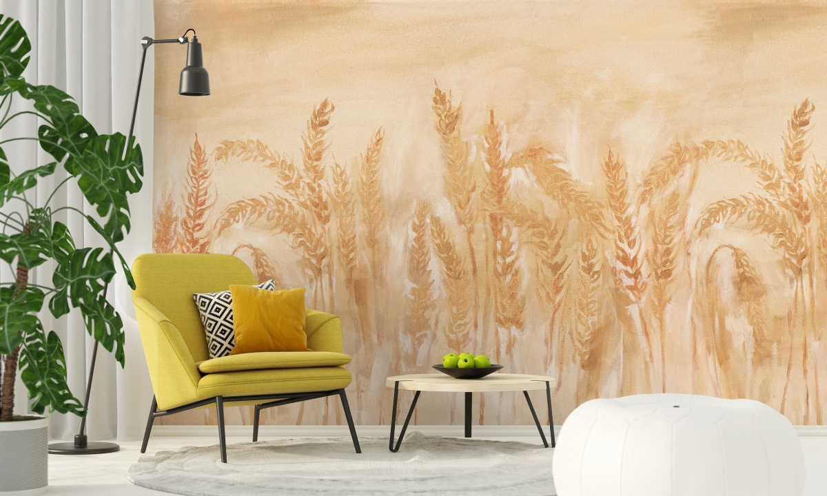tapeta na wymiar WallArt do salonu – motyw malarskich kłosów zboża w odcieniach beżu i pomarańczu