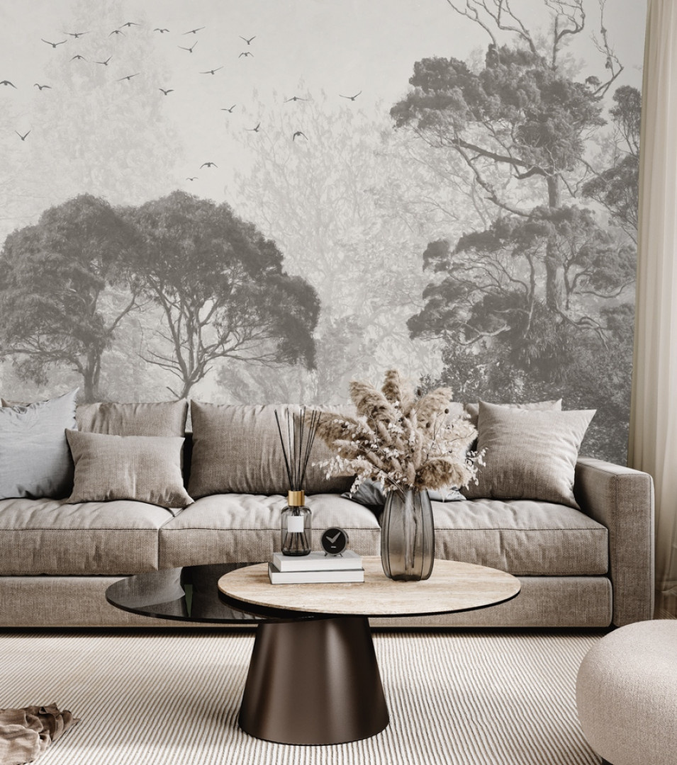 tapeta na wymiar RAUV las deszczowy czarno-biały do salonu na podkładzie strukturalnym