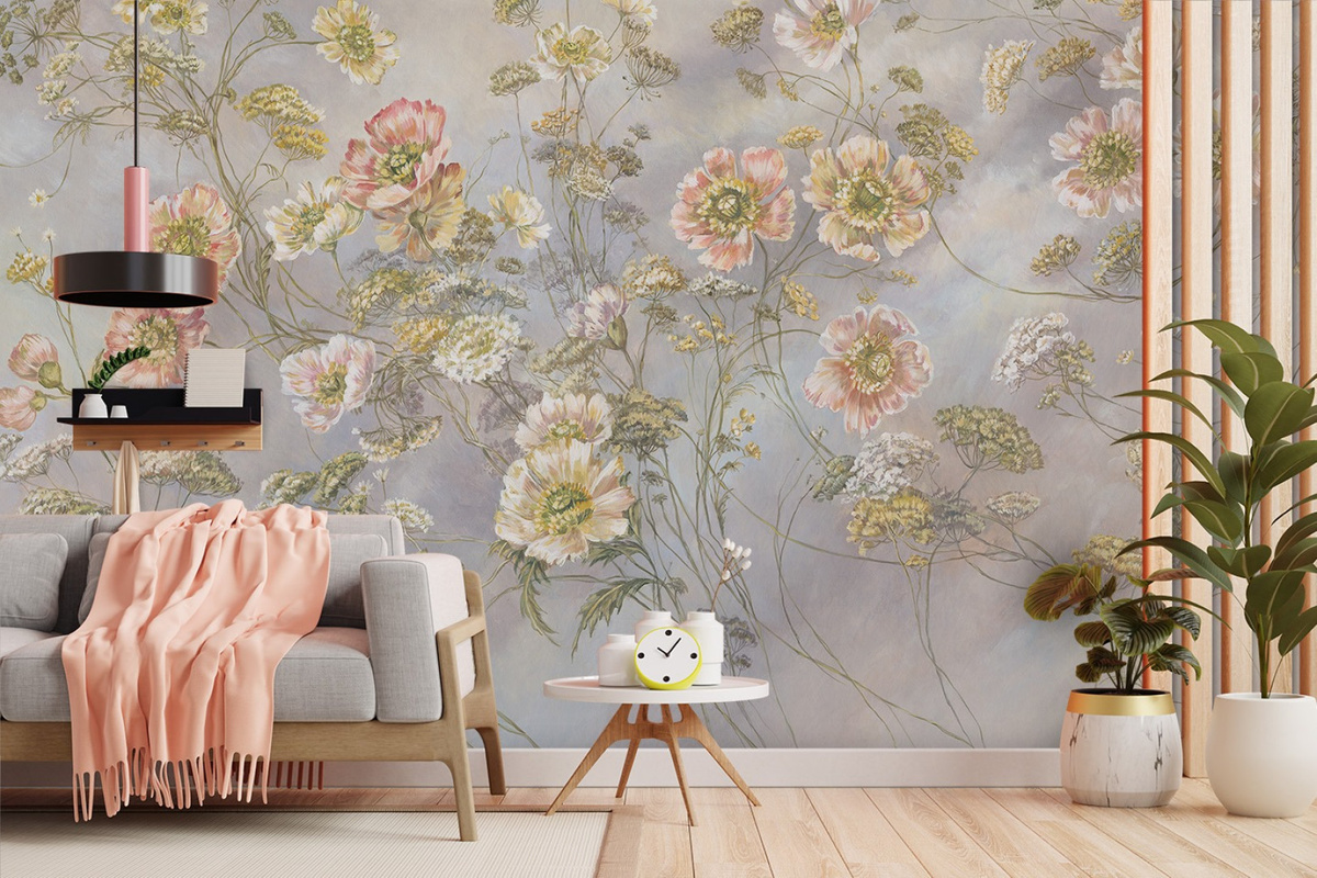 Mural RAUV Tapeta w polne kwiaty różowe na wymiar w nowoczesnym salonie