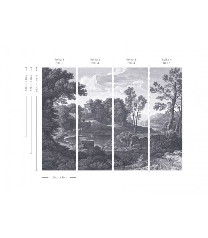 Podział tapety Ancient Riverside Grove Blue na rolki i wymiary