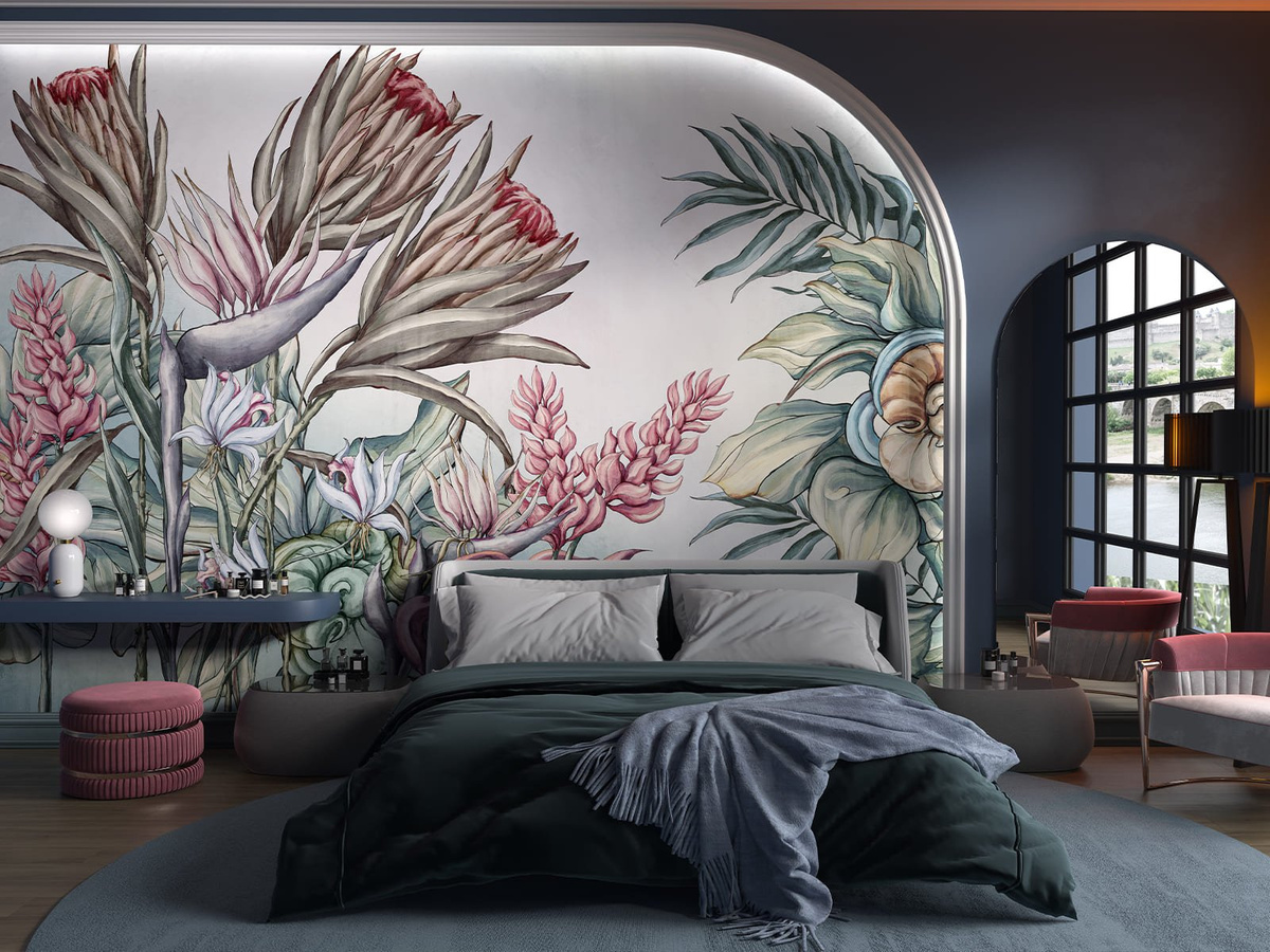 Tapeta egzotyczne kwiaty Paradis WallCraft 795312301 we wnętrzu sypialni