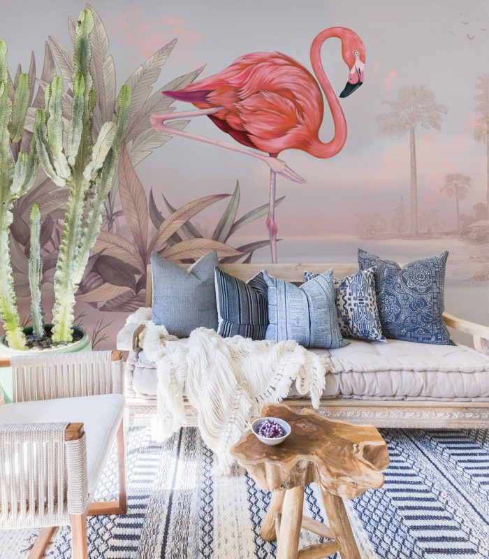 Mural Crimson Flamingo Pink w jasnym, boho salonie