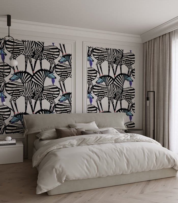Tapeta Dancing Zebras Wallcolors w eleganckiej sypialni