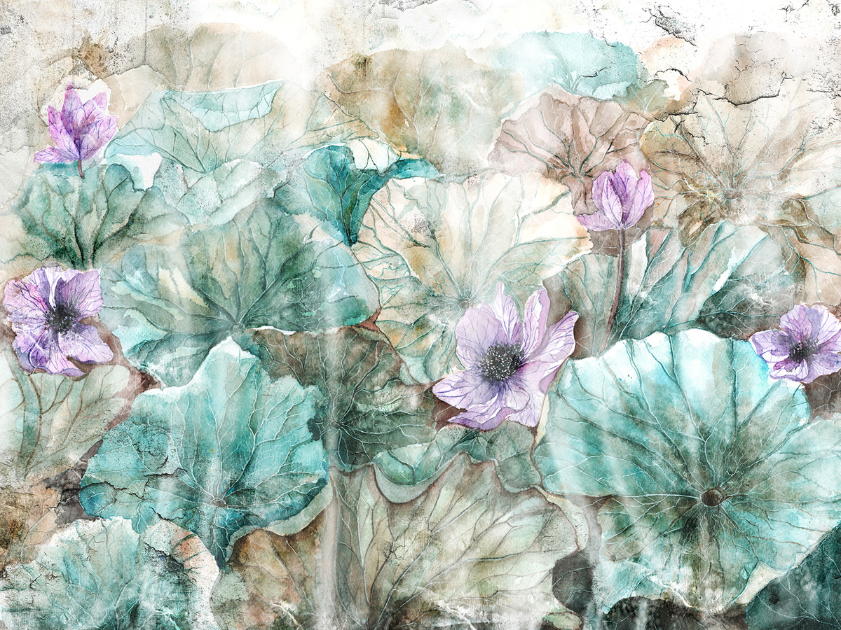 Zbliżenie wzoru fototapety OPHELIA 495 31 2102 WallCraft - akwarelowe liście i kwiaty