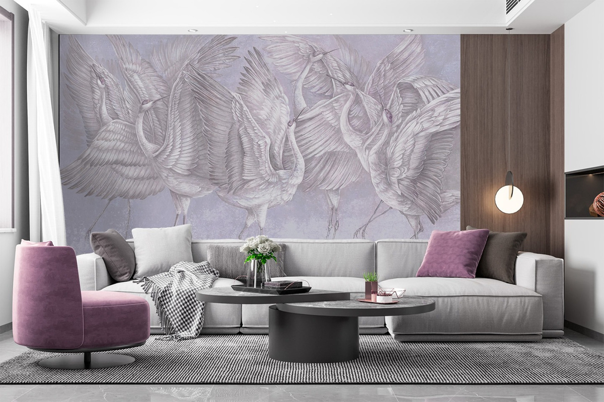 aranżacja salonu z tapetą na wymiar RAUV Tapeta w żurawie jasny fiolet na podkładzie Canvas